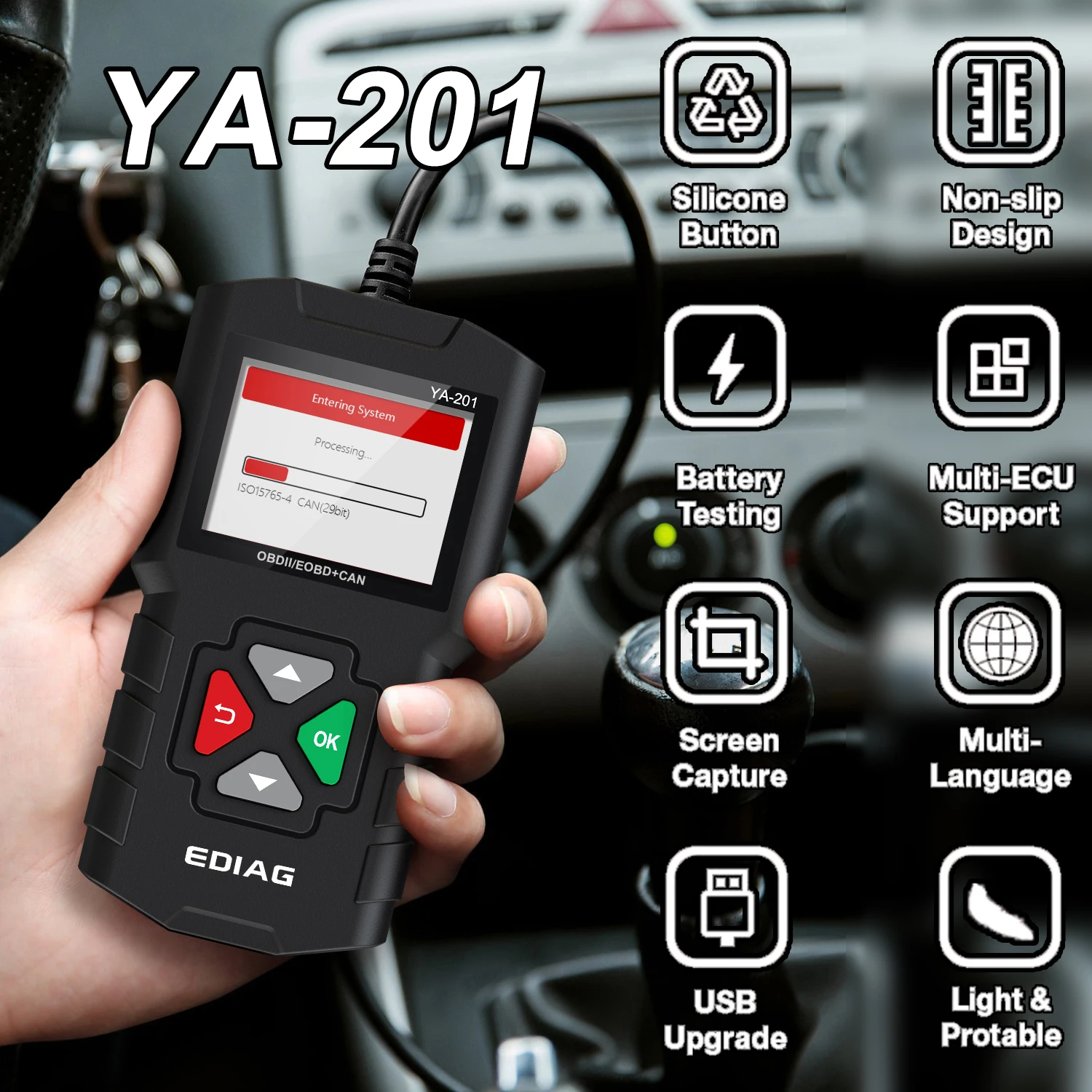 Новинка 2024, считыватель кодов автомобиля YA201 OBDII EOBD, инструмент для диагностики автомобиля, сканер OBD2 для автомобильного двигателя, можно сканировать DTC, бесплатное сканирование пожизненного срока службы