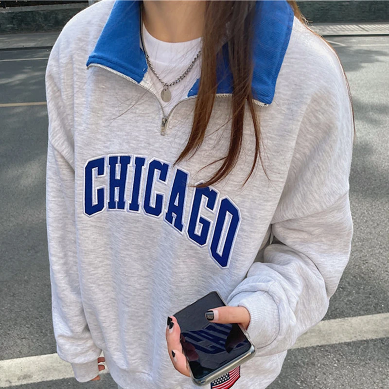 

American Preppy Retro Letter Embroidery Lapel Sweater Oversized Sweatshirt Gray Cotton Autumn Winter Clothes Hip Hop Streetwear