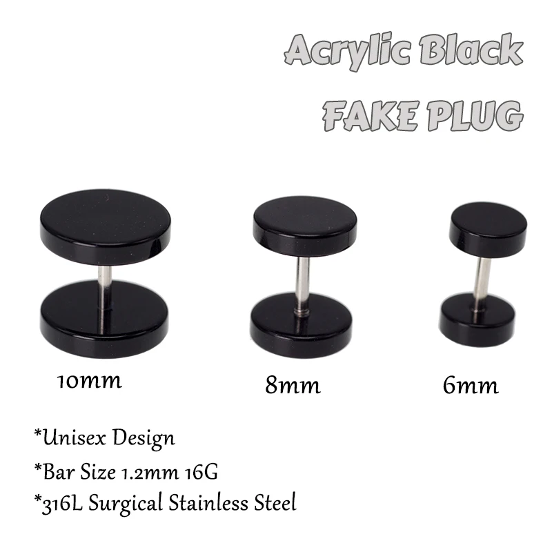 1Pairs 16g Acrylic Fake Earring Plug Ear Plugs Plain Black Rasta