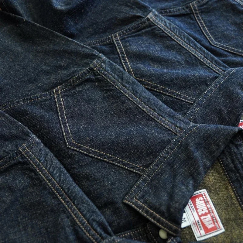 Sauce Zhan Mans Shirt Jeans Shirt Vintage Cotton and Linen Western Cowboy Long Sleeve Denim Double Pockets
