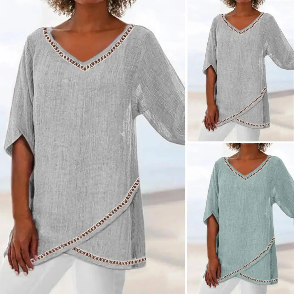 

Hot Blouse Women Solid Color Cotton Linen O-Neck Long Sleeve Irregular Tunic Top Spring Summer Oversized Shirts