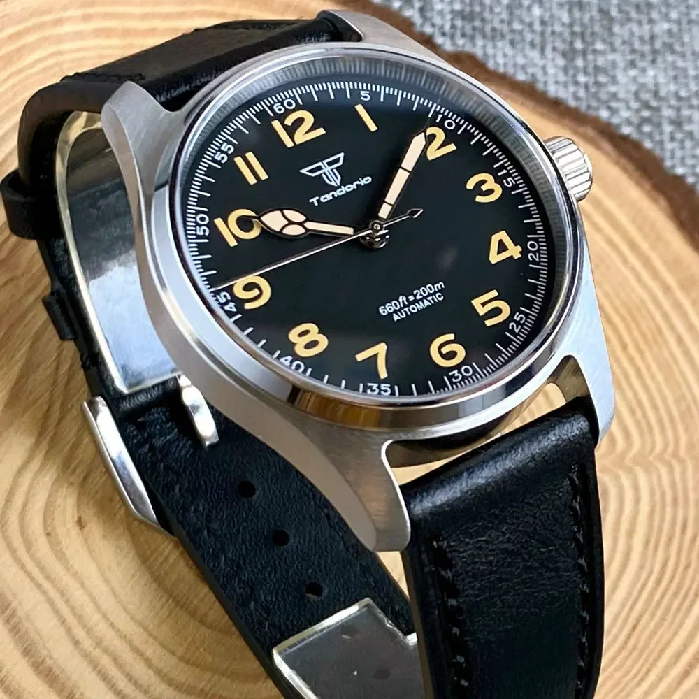 Tandorio 39mm Black Dial Sapphire Glass 20ATM Diving Japan NH35A PT5000 Automatic Pilot Brushed Men Watch Leather Strap