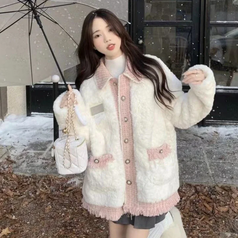 Women Fashion Pink Woolen Stitching Lamb Wool Coat Winter Female Elegant Casual Thicken Loose Environmental Fur Outwear 2024