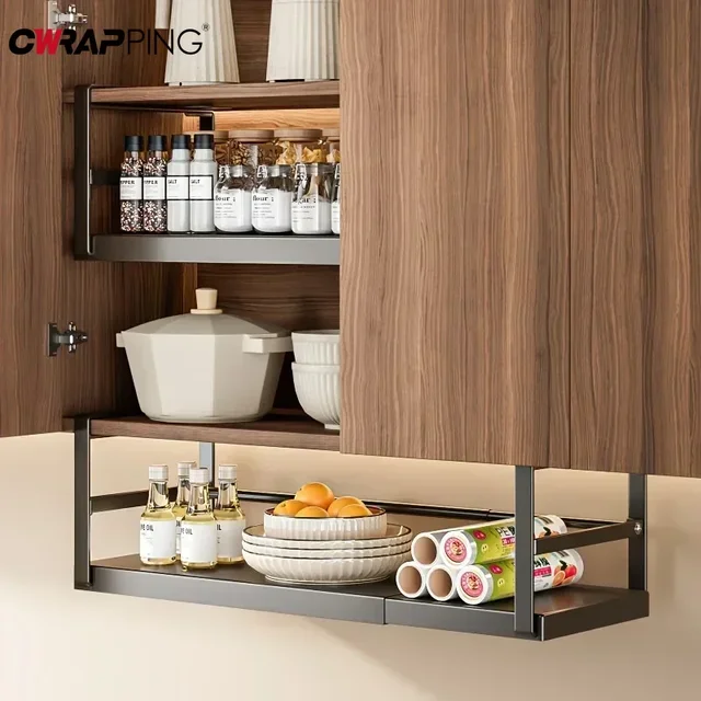 ชั้นวางของในตู้ครัวแบบแขวนใต้ตู้เหล็ก ชั้นวางแบบยืดหดได้ สำหรับเก็บอุปกรณ์บนโต๊ะอาหาร เครื่องปรุงรส อุปกรณ์จัดระเบียบในตู้ อุปกรณ์ตกแต่งบ้าน 1