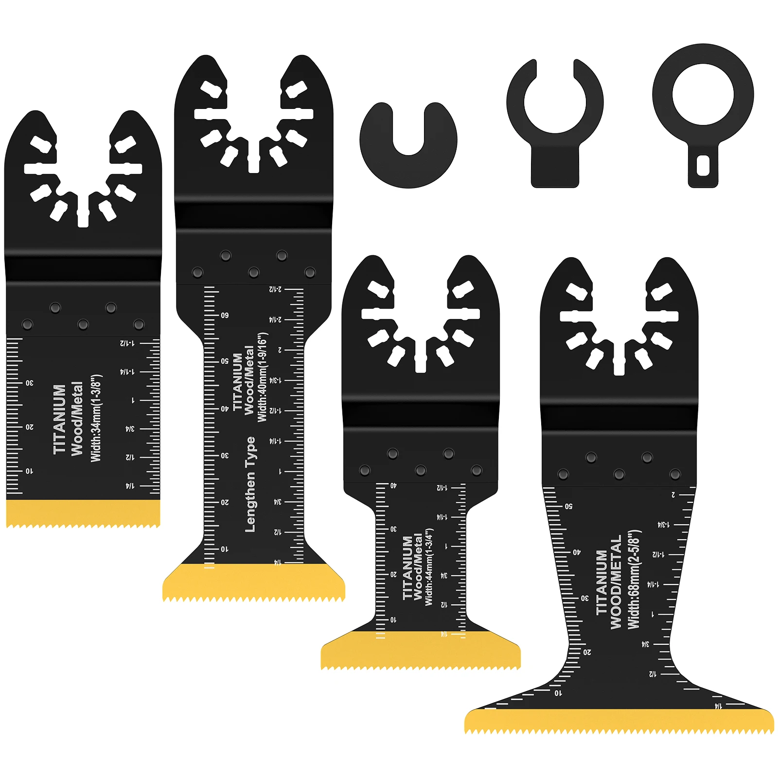 

4Pcs Titanium Bi-Metal Oscillating Saw Blades Set Standard Extra Long and Extra Wide Oscillating Multitool Blades Cutting