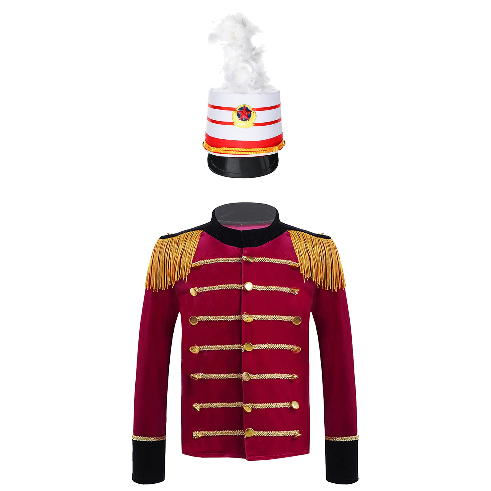 thumbnail image 1 of Chaqueta de circo para niños, uniforme de guardia de Honor de trompeta y tambor, disfraz de Cosplay de Cascanueces, Tops adornados con borlas y sombrero, 1 of 5