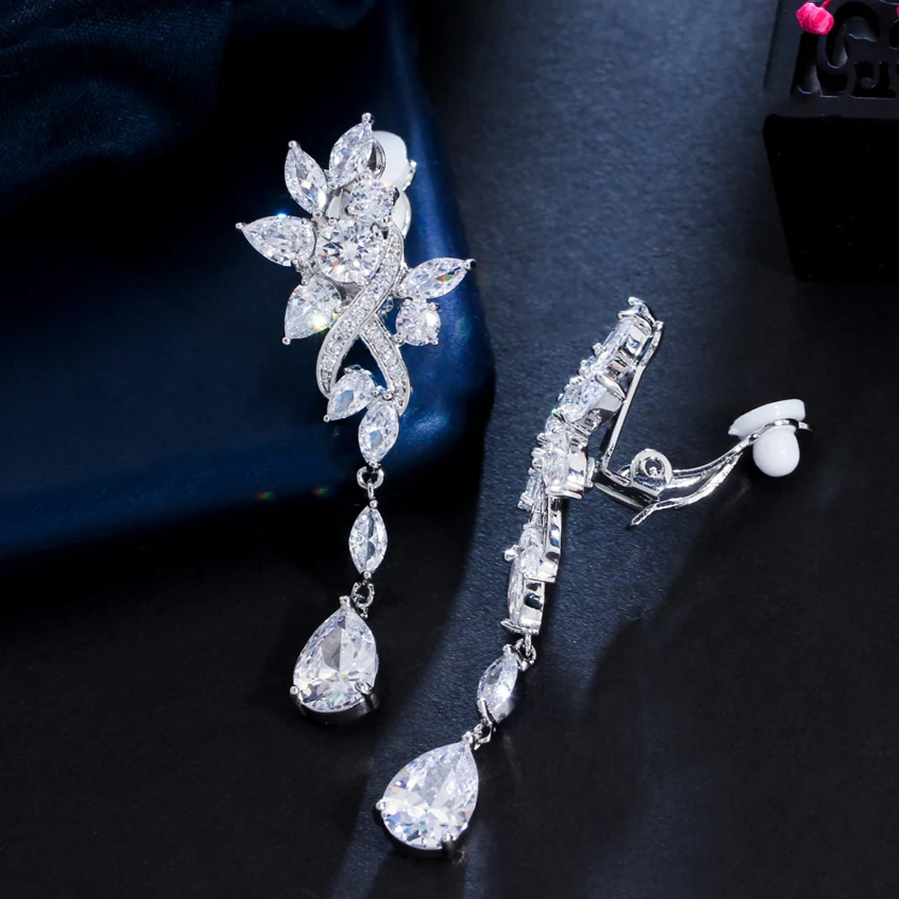 

CWWZircons No Ear Hole Style Cubic Zircon Flower Drop Women Wedding Bridal Party Long Clip on Earrings without Piercing CZ274