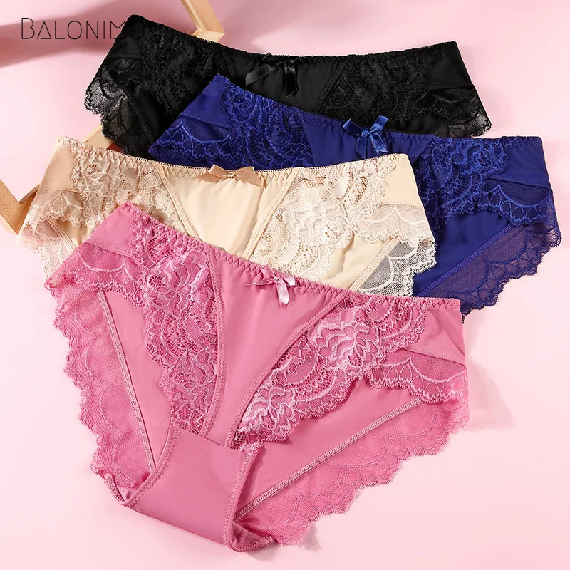 Balonimo Panties Women Low Waist Ice Silk Brief Lace Ladies Panty Pure