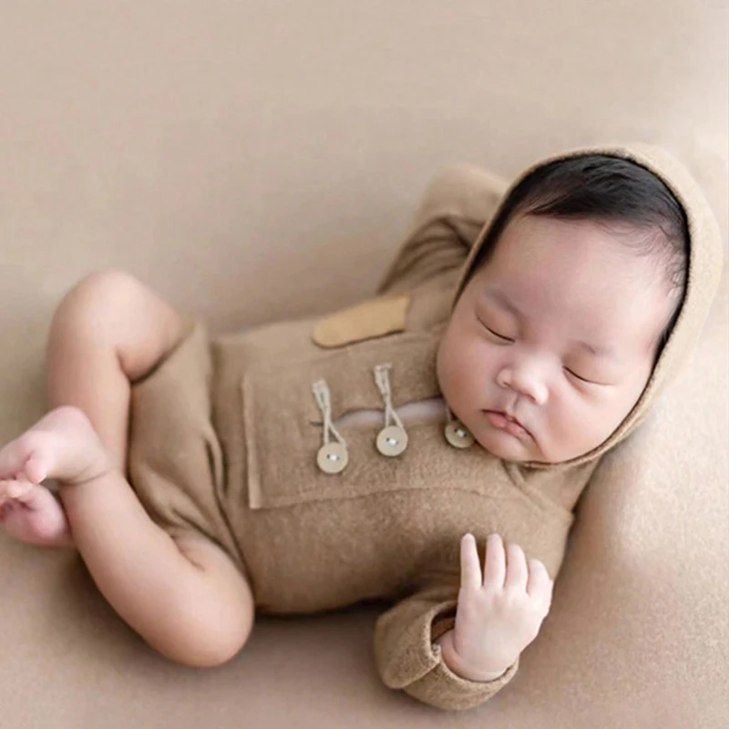 Ylsteed  Solid Color Newborn Pocket Long Sleeve Romper for Photo Shooting Baby Boy Hoodie Jumpsuit Infant Photography Outfits