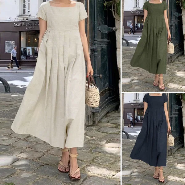 

Cotton Linen New In Dresses Casual Elegant Long Dress Short Sleeve Formal Vestidos Womens Clothing Summer Vintage Robe Femmes