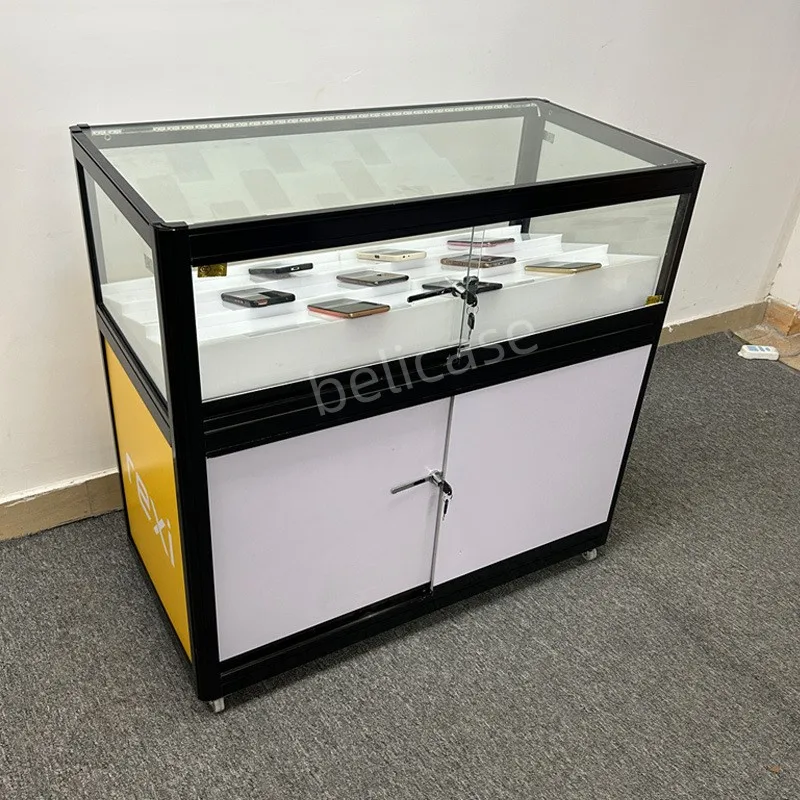 Custom. mobile 상점 인테리어 디자인 휴대폰 디스플레이 쇼케이스, LED 조명 유리 카운터 디스플레이, 휴대폰용