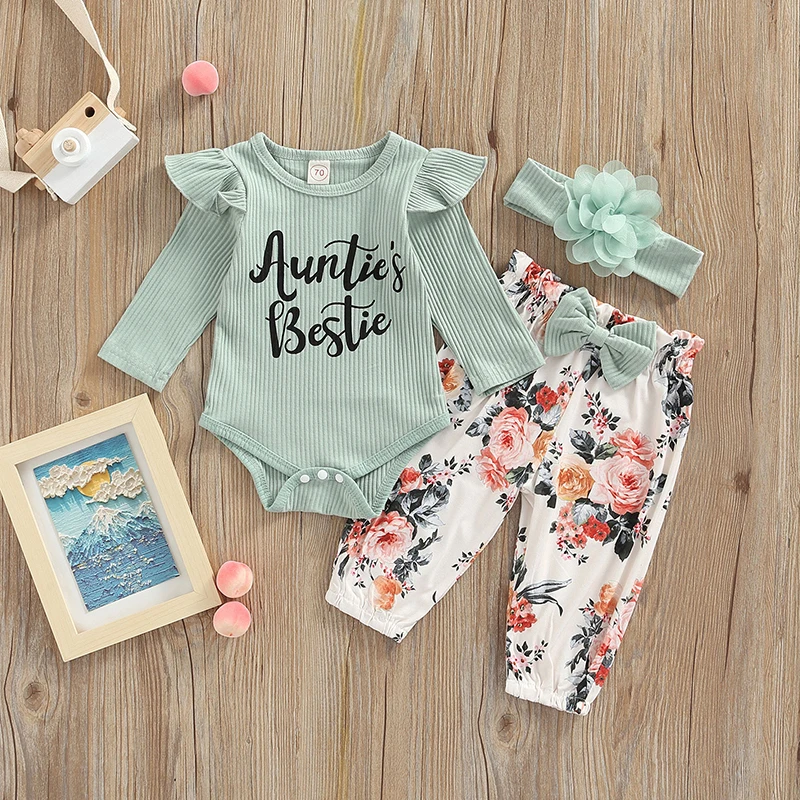 

Autumn Cute Baby Girls Clothing Set Ribbed Letter Print Ruffle Long Sleeve Jumpsuit + Floral Pants + Hairband Casual Outfits