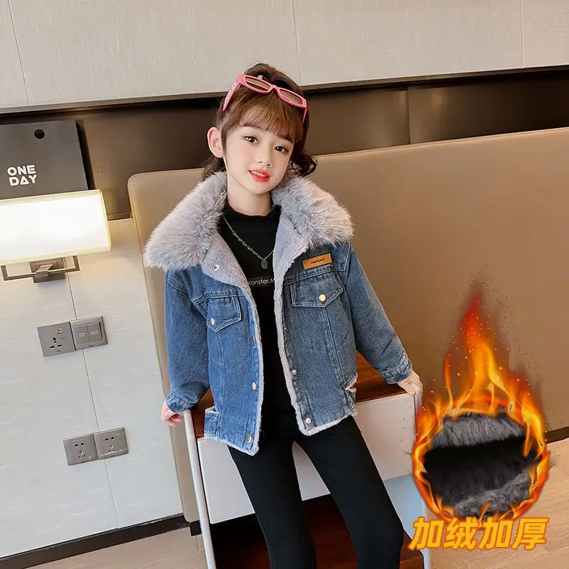Black Short Denim Coats Children Girls Autumn Winter Plush