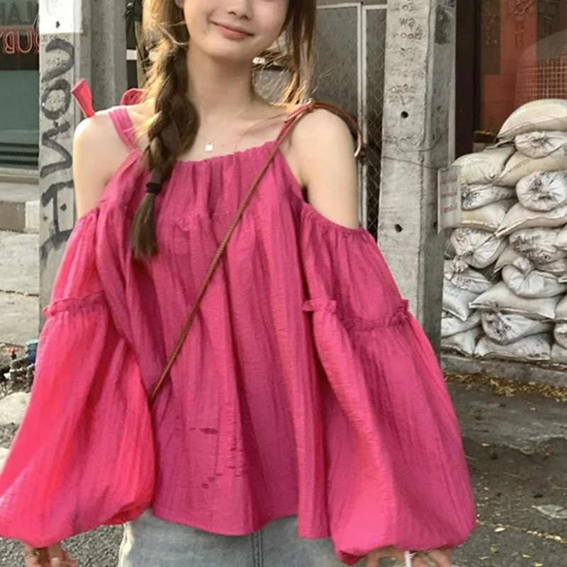 Women y2k Clothes Sexy Solid Color Tie Shoulder Lantern Cold Shoulder Long Sleeve Blouses Tops 2000s Shirts Streetwear
