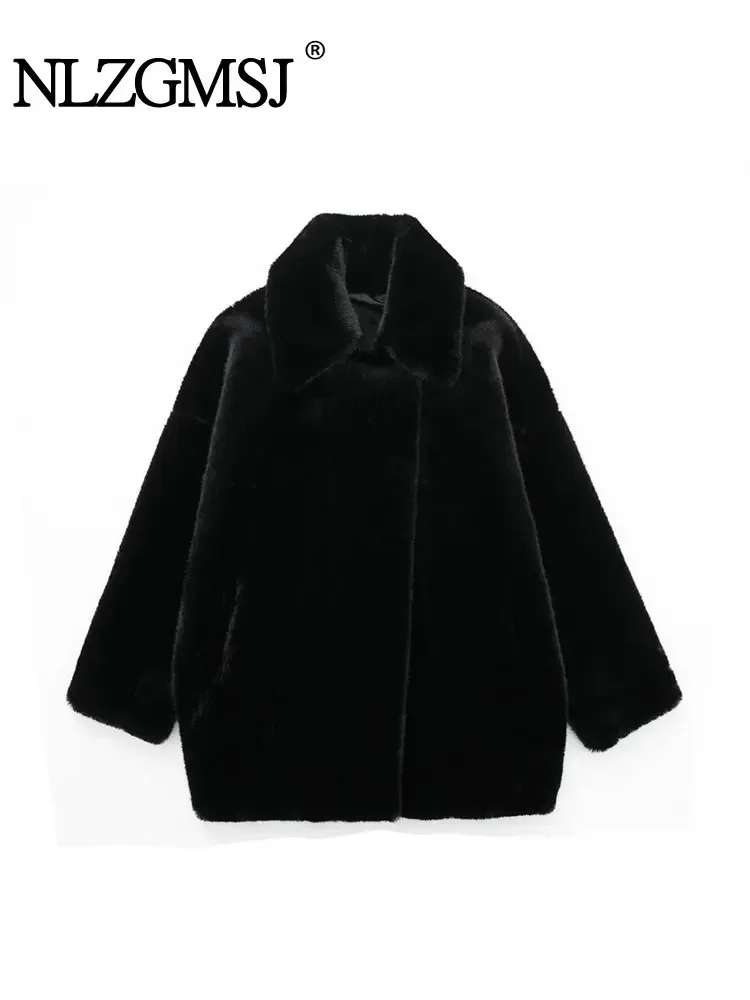 

Nlzgmsj TRAF Woman Pocket Artificial Fur Jacket Coats Fashion Vintage Long Sleeve Autumn Winter Causal Loose Warm Tops