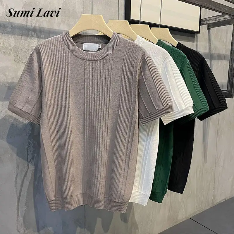

New Casual Ribbed Knitted T Shirt Men Summer Fashion Elastic Slim Fit Knitwear Mens Solid Color O Neck Short Sleeve Knit Tops