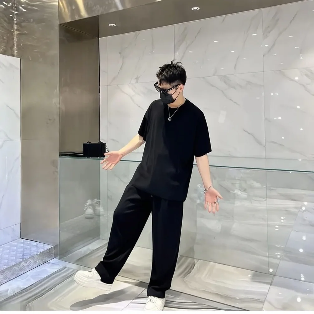 아이스 실크 스포츠 세트 남성 여름 얇은 캐주얼 긴바지 반팔 티셔츠 속건성 의류 원피스 폴리에스터 스판덱스 혼방