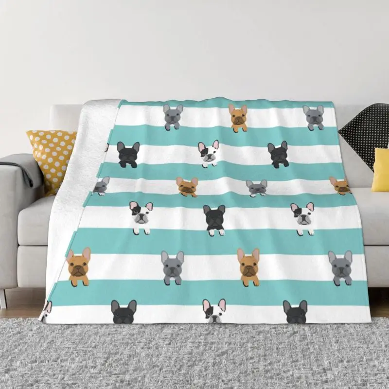 

Kawaii French Bulldog Stripes Blankets Warm Flannel Pet Dog Throw Blanket for Bedding Couch Bedspread