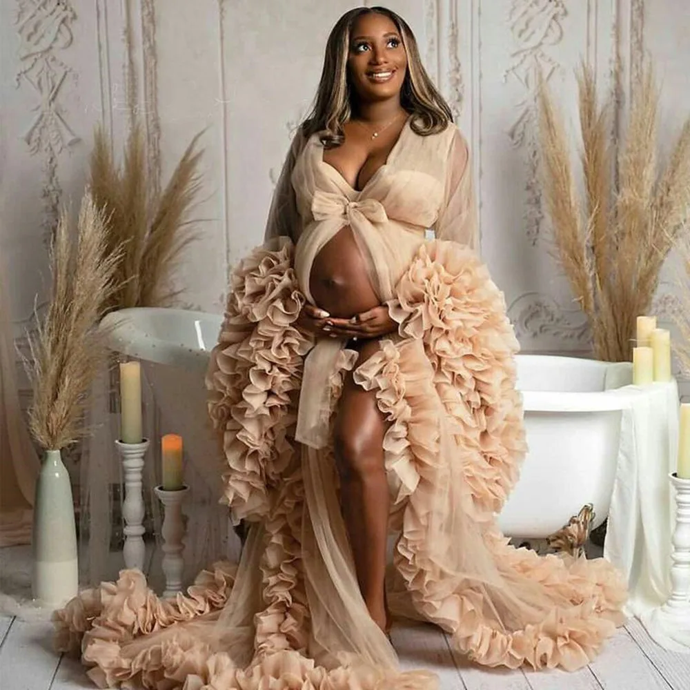 

Doymeny Puffy Khaki Pregnant Women Shawl Dress Sexy Photograph Robe Ruffle Long Tiered Gown Bathrobe Sleep Nightdress Femme