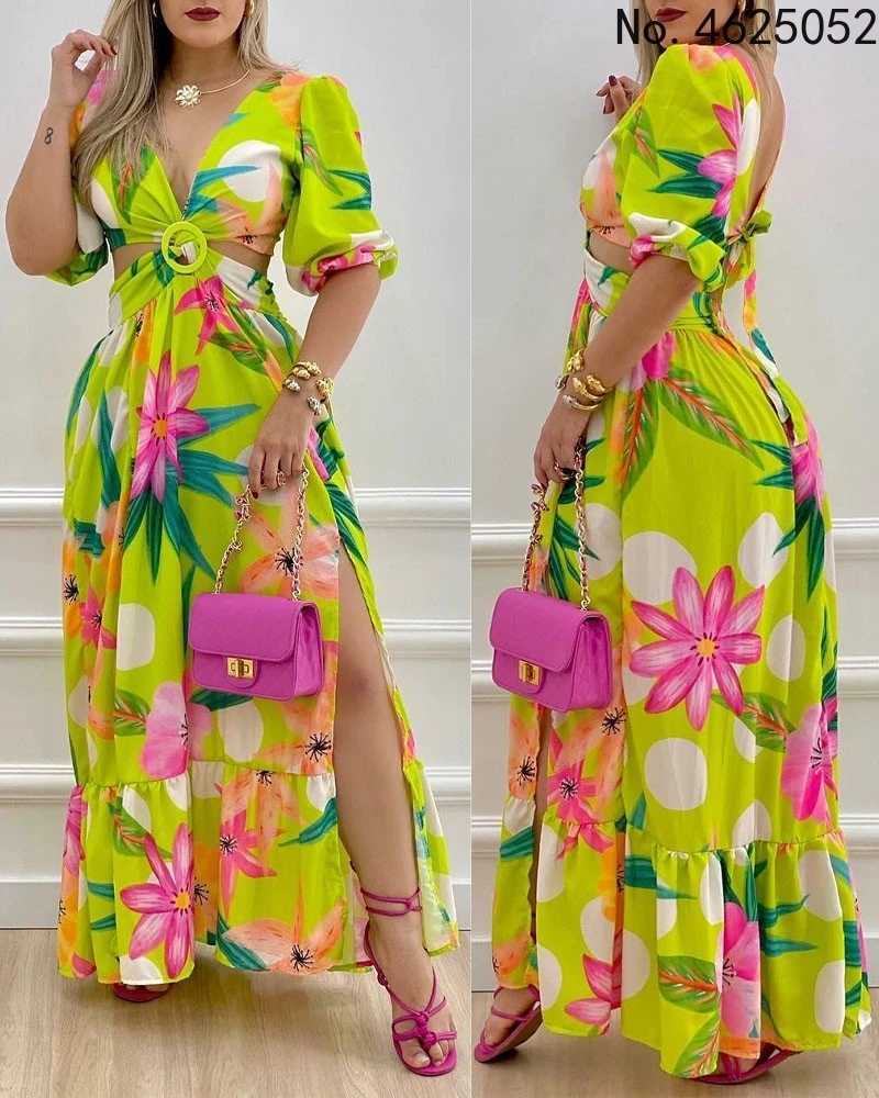 African Dresses For Women Summer Deep V Neck Sexy Hollow Out Backless Bow Flower Print Puff Sleeve Split Dresses Female Africa african couple outfits