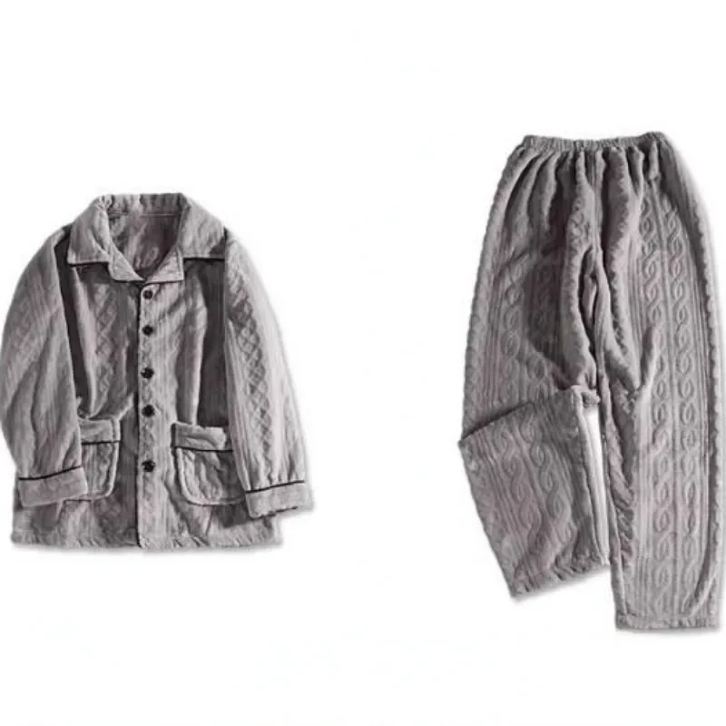 2024 New Pajamas Men Autumn Winter Loungewear Coral Velvet Thickening and Plushing Sleepwear Warm Flannel V-neck Homewear Suit