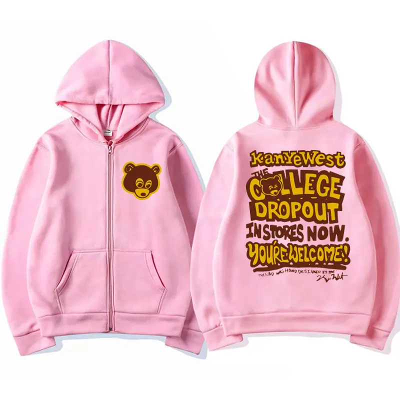 Kanye West College Dropout Hoodie Coat Music Album Print Zipper Sweatshirts Casual Men Hip Hop Zip-up Hooded Sweatshirt Jackets