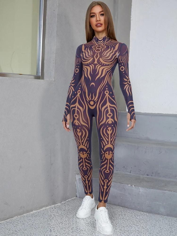 Women High Neck Vintage Print Jumpsuit Long Sleeve