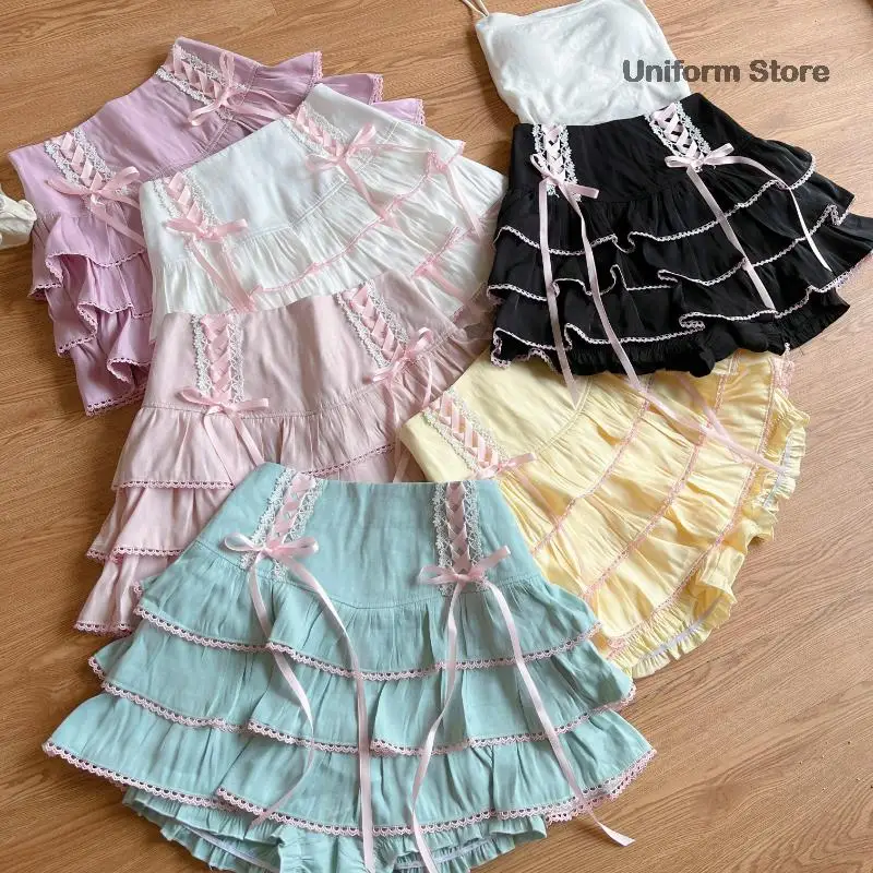 

Japanese Kawaii Lolita Style Pleated Skirts Women High Waist Pink Bandage Fairy Y2k Aesthetic Skirt Cute Faldas Mujer Moda