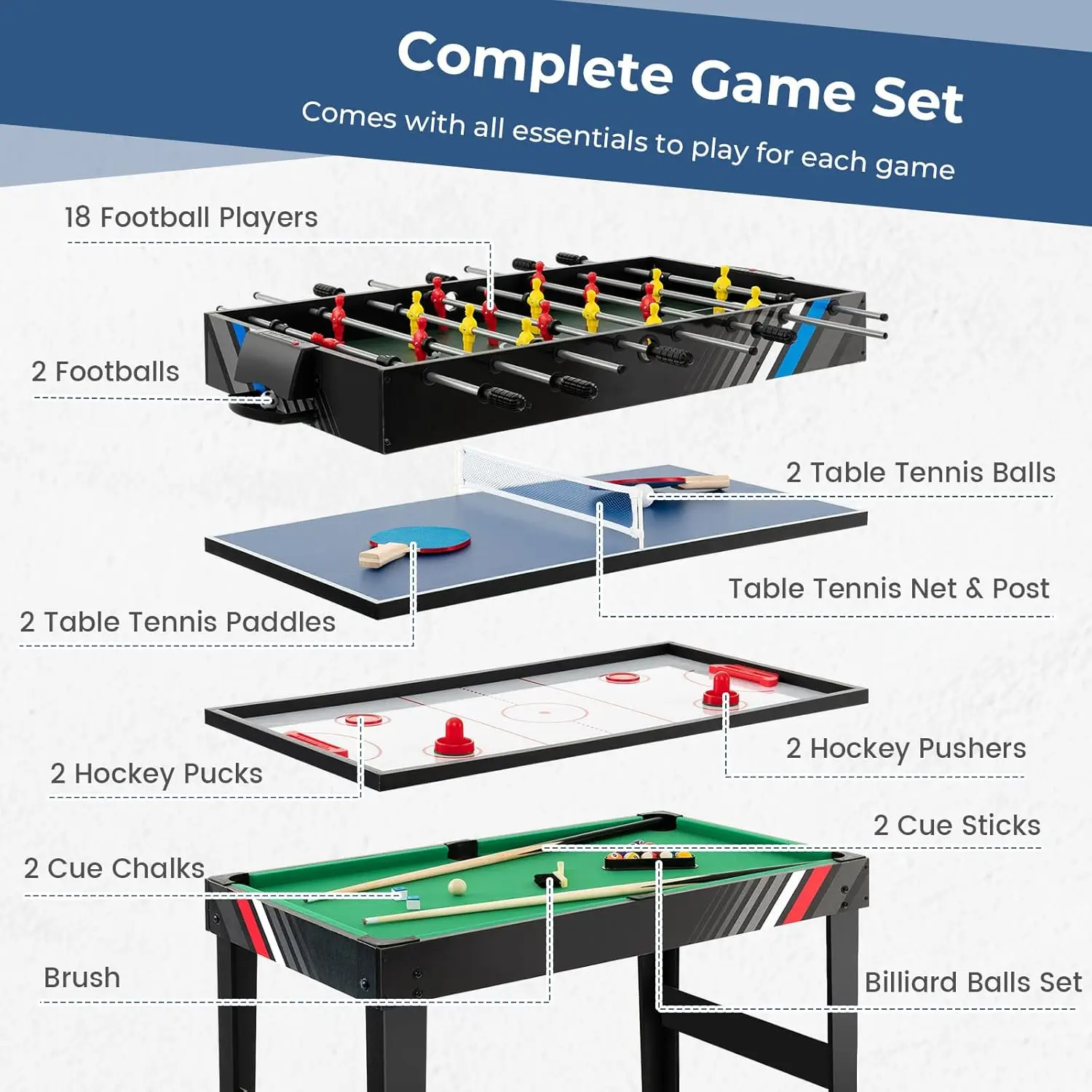 49" Multi Game Table, 4 in 1 Game Table with Foosball Table, Pool Billiards, Air Hockey & Table Tennis, Complete Combination 5