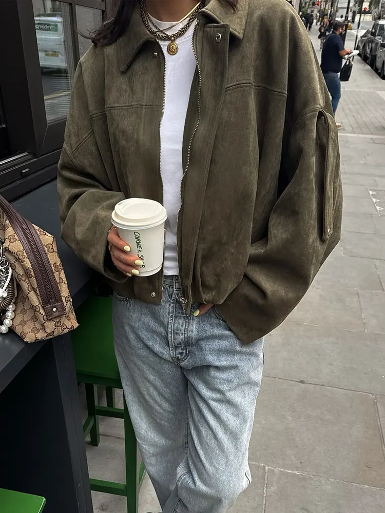 HH Autumn Women Loose Casual Suede Overcoat Jackets Vintage Solid Long Sleeve Zipper Bomber Jacket Fashion Lady Streetwear Coats