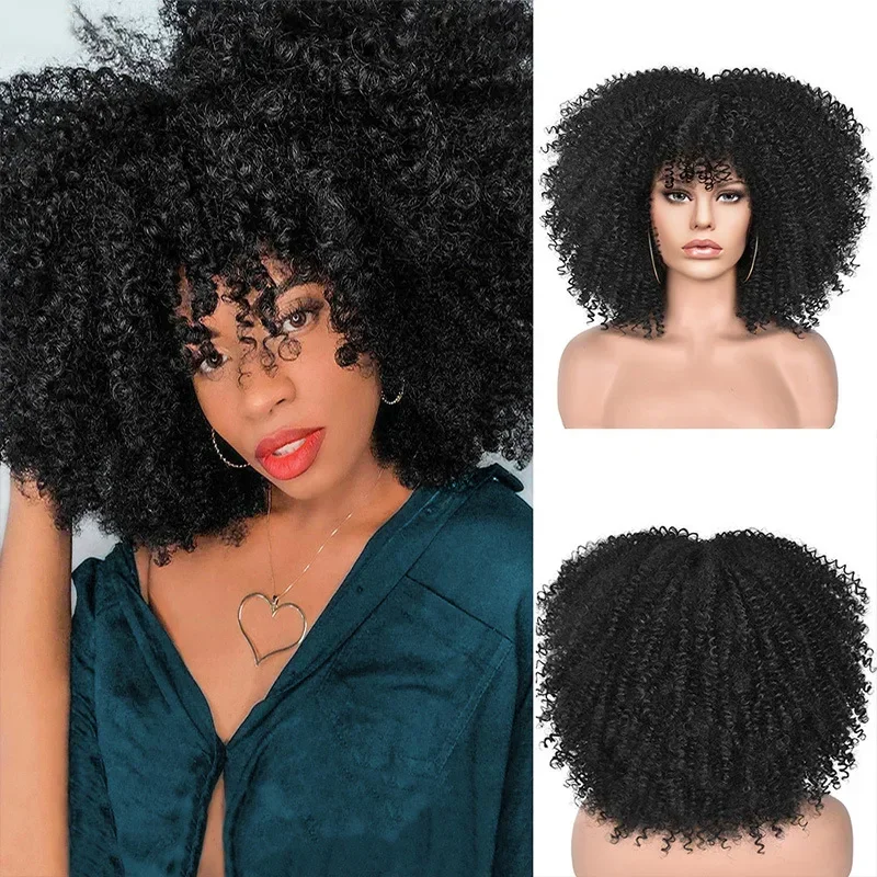 

Cosplay Hair Curly Afro Wigs For Black Women Short Kinky Curly Wigs With Bangs 38cm Brown Afro Hair Synthetic Fibre Glueless
