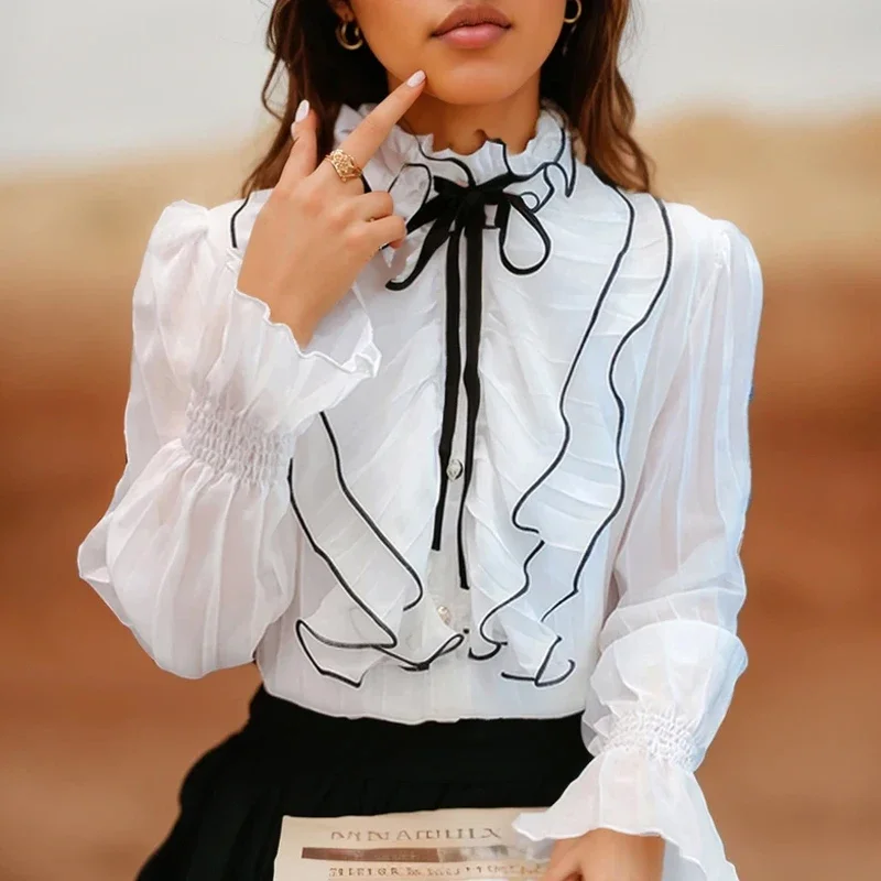 

2023 элегантные винтажные кружевные шифоновые рубашки для женщин с длинным рукавом с оборками и воротником-стойкой женская блузка корейские новые модные топы 29719