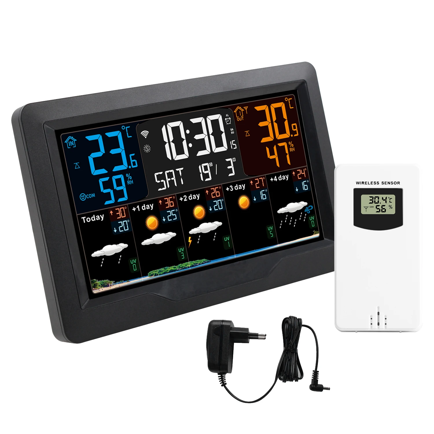 WIFI Smart Weather Station Clock FJ3390TY-A Indoor and Outdoor Temperature & Humidity Meter Large Color Screen Weather Clock