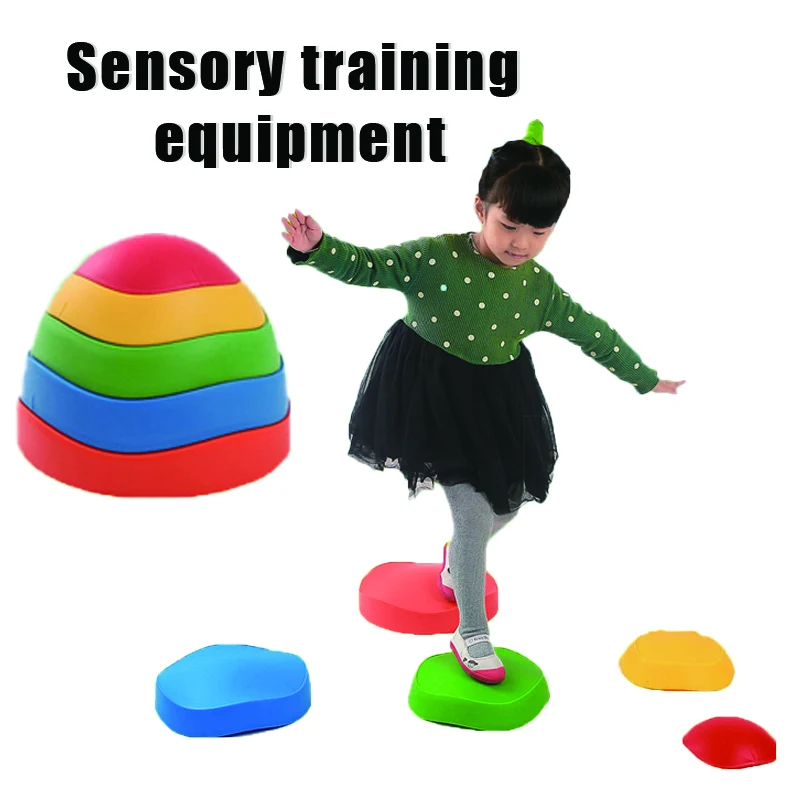 Caption reading sensory training equipment, girl walking on the balance stepping stones, and caption about the measurements of the stones