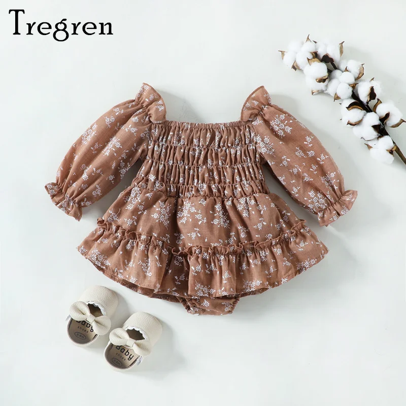 

Tregren Infant Baby Girl Dress Romper Spring Summer Long Sleeve Floral Print Jumpsuit Ruched Chest Elastic Cuff Bodysuit Outfit