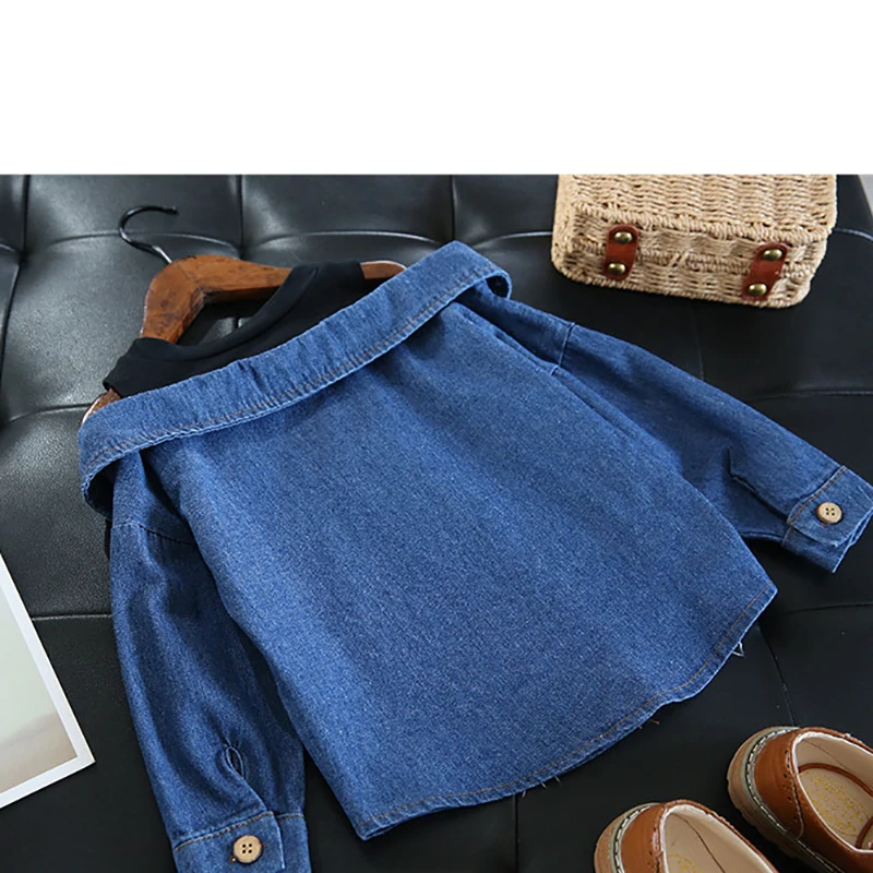 Little Girls Blouse Shirt Casual Jeans Fall Toddler Baby Girls Denim Shoulderless Long Sleeve School Tops for 2-8 Years