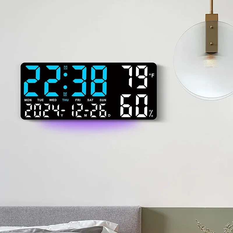 Description Picture 3 of itemDigital Wall Clock Mood Lighting Temperature Humidity Timing Countdown 2 Alarm Auto Dimmer Plug in Use LED Alarm Clock Remote