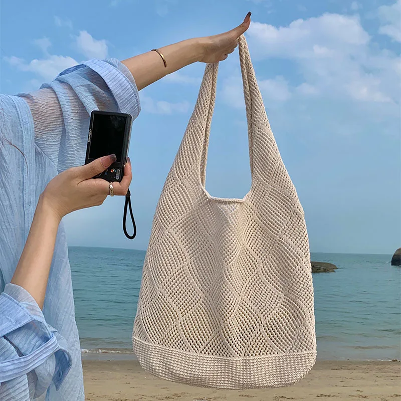 Casual Hollow Knitted Women Shoulder Bags Large Capacity Tote Bag Simple Summer Beach Bag Big Shopper Purses for Vacation 2024