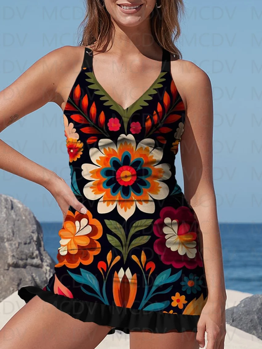 

Criss Cross Black Vintage Flower Print Swimdress and Panty Swimsuit One Piece Swimsuit