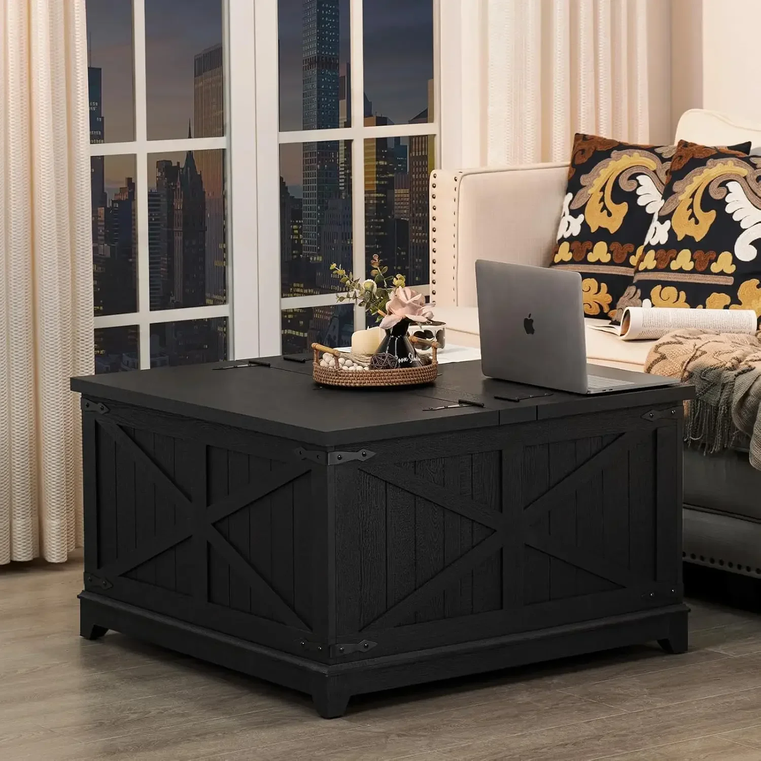 Farmhouse Coffee Table with Hidden Storage Organizer, Black Square Large Center TableHinged Lift Top for Home, Office 3