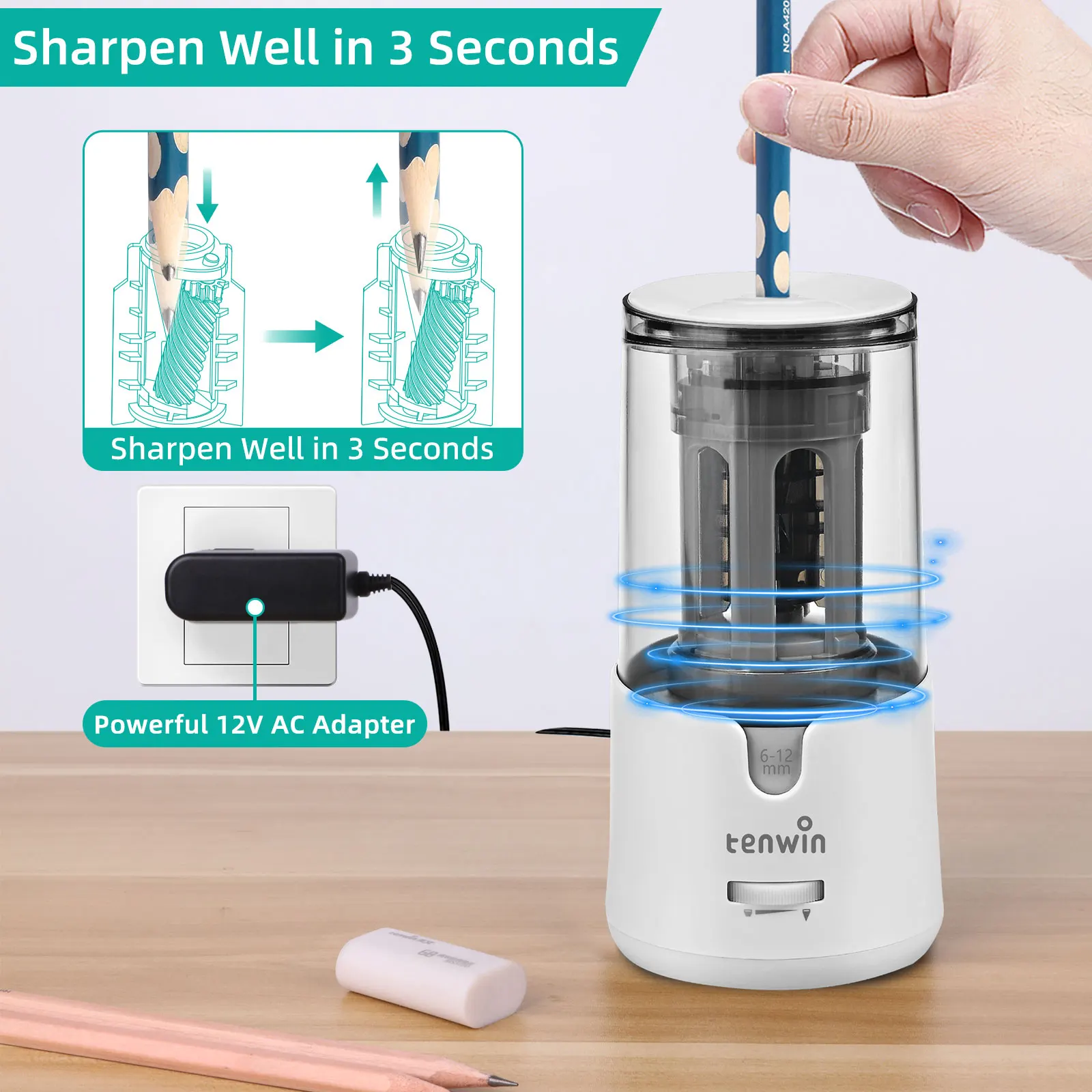 자동 전기 연필 숫돌, 대형 헤비 듀티, 6-12mm 컬러 연필용 기계식 USB, 어린이 예술가 문구