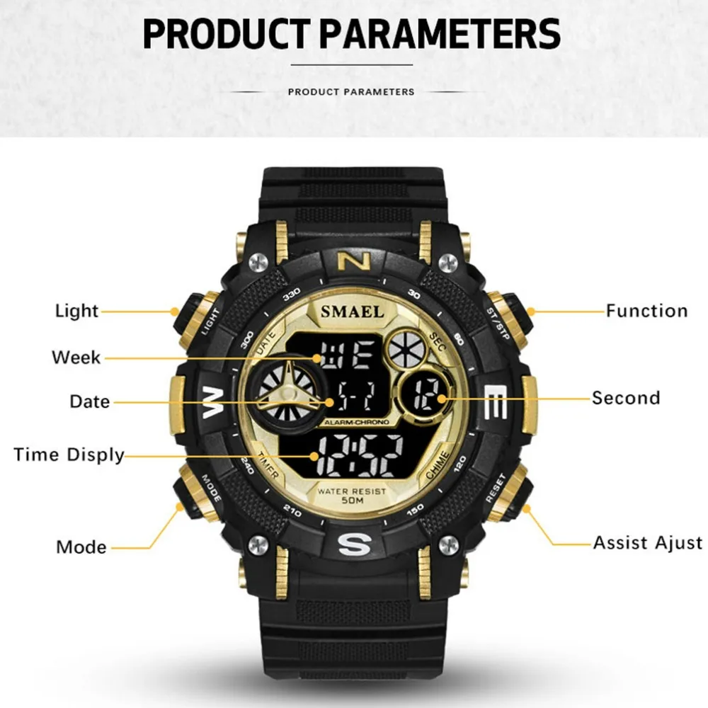 Fsahion Men Digital Watch Outdoor Sports Multifunctional Electronic Watch Leisure Waterproof Luminous Watches Reloj Para Hombre