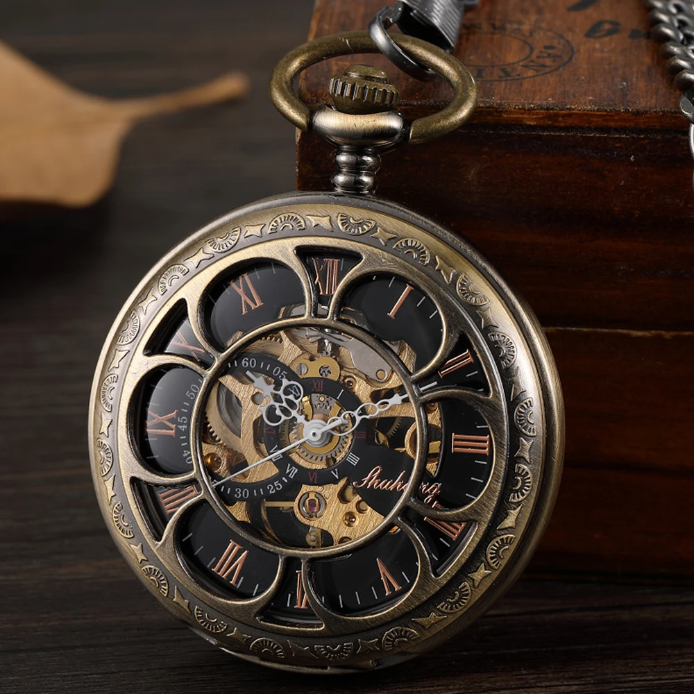 Roman Numeral Mechanical Pocket Watch Engrave Carving Sliver Case Steampunk Skeleton Fob Chain Clock Men