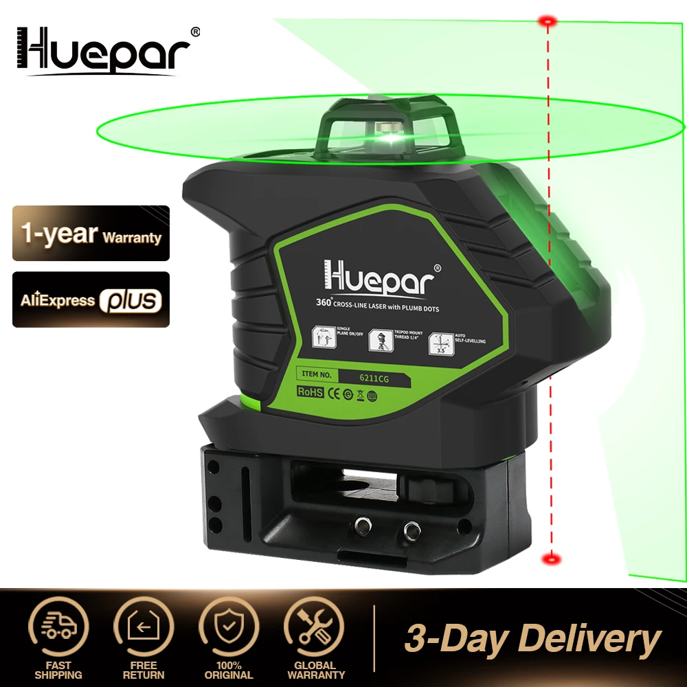 Huepar – niveau Laser vert 5 lignes à nivellement automatique, avec 2 points d'aplomb, couvrant 360 °, outils Laser au Lithium 6211CG