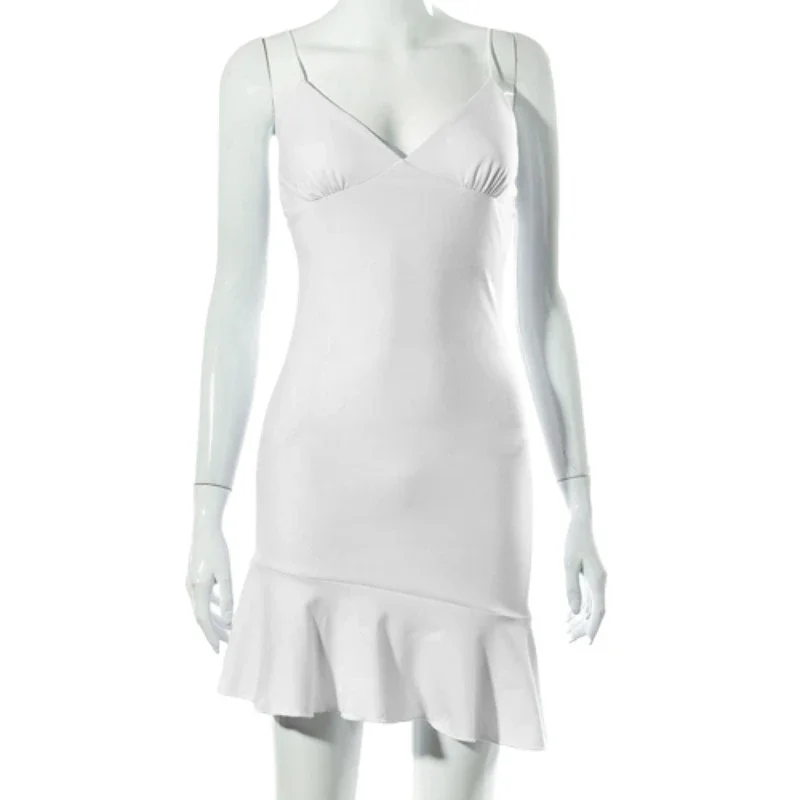 New Women's Slim Shoulder Strap Ruffle Edge Short Skirt Spring and Summer V-neck Sexy Backless Slim Fit Dress 21758