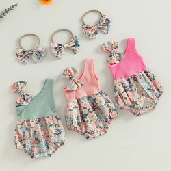 Infant Baby Girl Summer One Jumpsuit Bow Headband Sleeveless Flower Print 1-Piece Romper Set