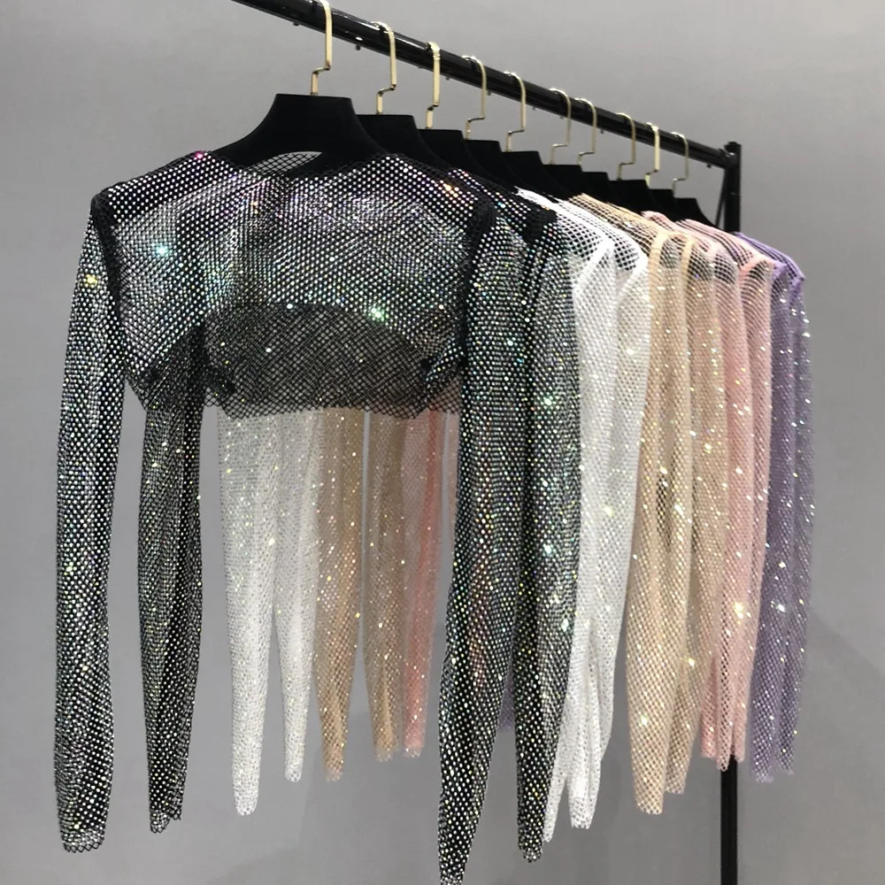 

Fashion AB Color Rhinestone French Small Cape Mesh Rhinestone Sunscreen Shawl Summer Thin Suspender Khaki Vest
