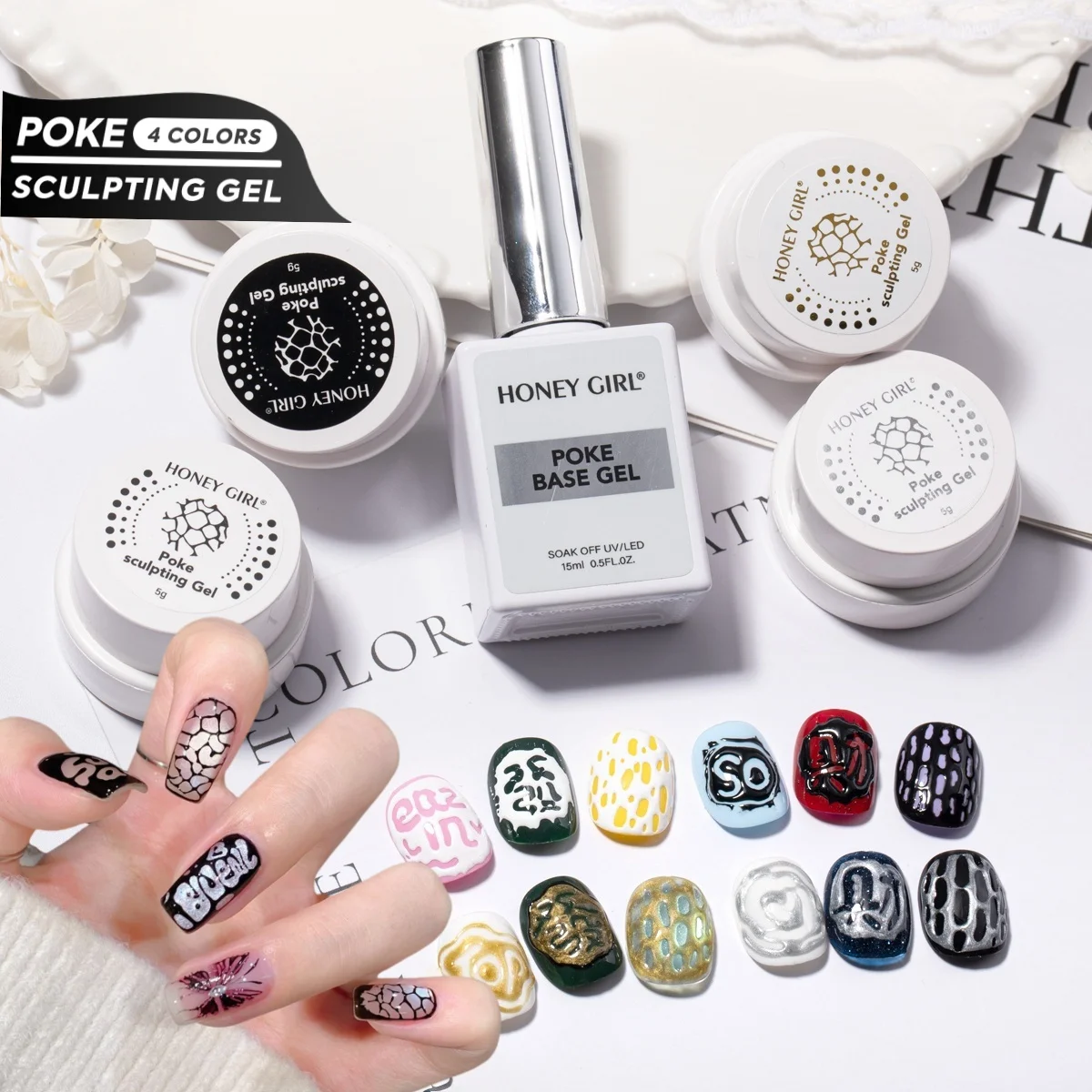 Creative Nail Art Poke Gel with Special Base Coat, Black/White Silvery Golden for DIY Multi-Style Designs, Holiday Gift