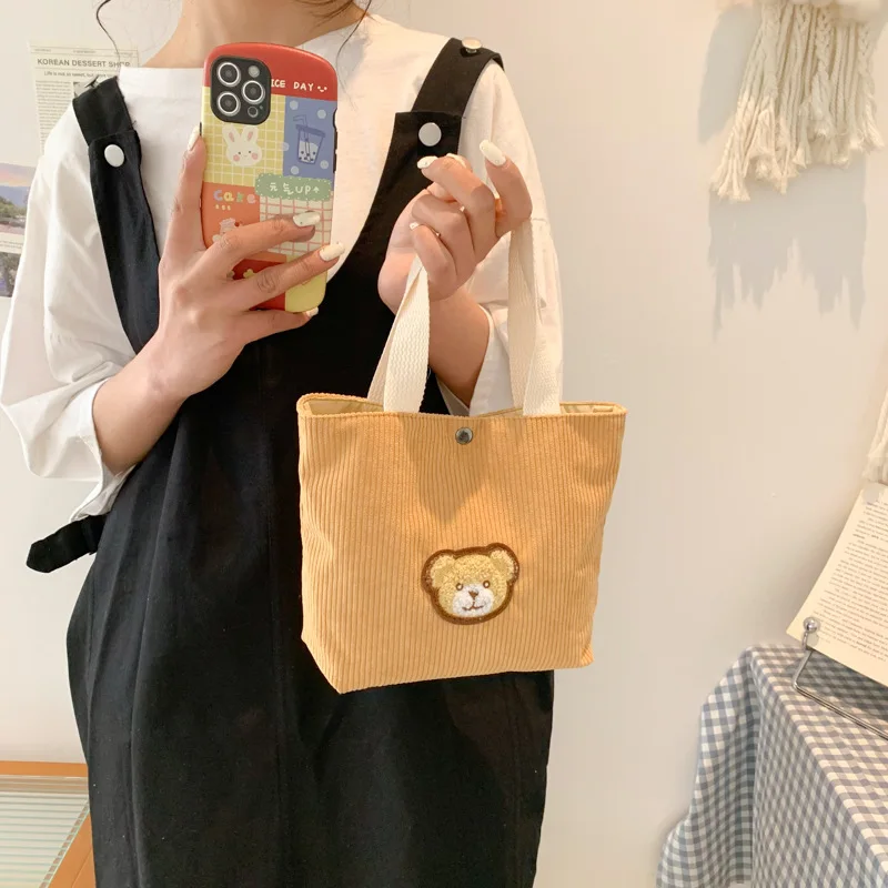 Women Small Corduroy Lunch Bag Eco Canvas Portable Bear Pattern Tote Bags Mini Students Bento Picnic Food Bag Travel Handbags