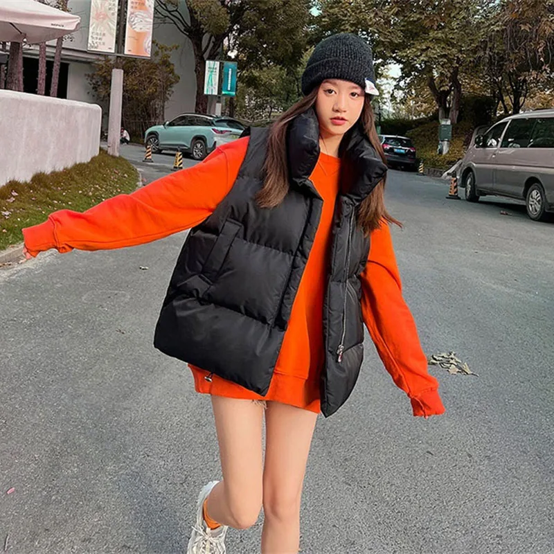 Winter Cotton-padded Vest Women Warm Coat Stand-up Collar Zipper Sleeveless Jacket Overcoat Loose Drawstring Waistcoat Vest Coat